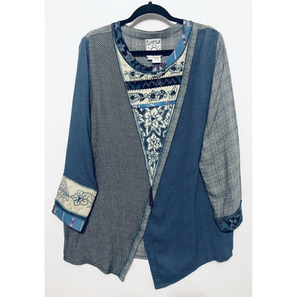 Surya Womens Large Blue Floral Embroidered Beaded Tunic Blouse Lagenlook Artsy